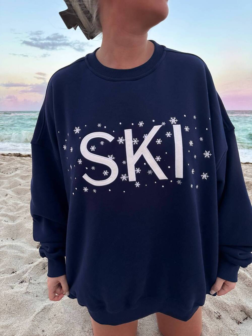 NEW SUNKISSED COCONUT ski snowflake sweatshirt in navy blue